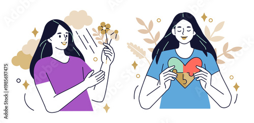 Two women share joyful moments with flowers and hearts. One holds blossoms, smiling brightly. The other embraces a heart, radiating warmth. Their expressions show pure delight and affection