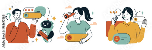 Illustration shows three people enjoying beverages with playful, cartoonish style. Each character holds a drink with a unique shape and colorful design. Their expressions convey joy, curiosity