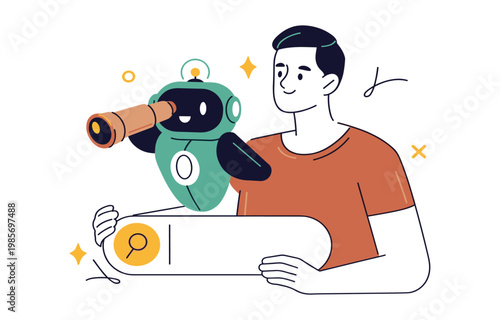 Cartoon man smiles beside robot with telescope. Robot peers through lens, showing curiosity. Search bar with dollar sign suggests financial discovery. Bright sparkles add playful energy to scene