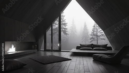 Modern interior with cozy seating and forest view
