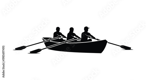 A black silhouette depicts three rowers in a boat actively paddling on calm waters a striking silhouette