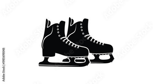 A pair of black ice skates are displayed against a white background showing a striking silhouette high quality