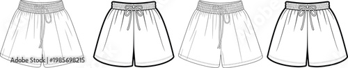 Soft gathered waist shorts technical drawing set, drawstring closure with loose silhouette, casual summer design, front and back views – vector illustration