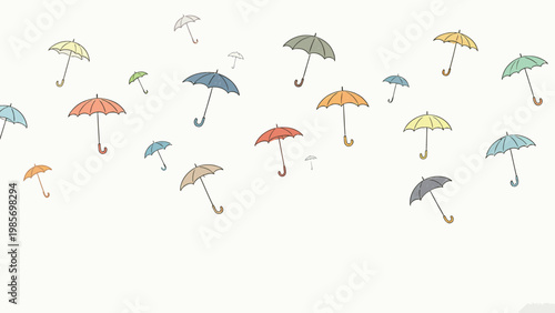 Whimsical Illustration of Multicolored Floating Umbrellas Scattered Across a Plain Off-White Minimalist Background, Gentle Playful Aesthetic