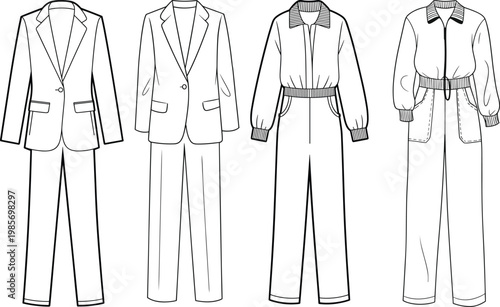 Sophisticated womens tailored suit and jumpsuit collection, technical drawing set, front views, blazer and utility styles, fashion template – vector illustration