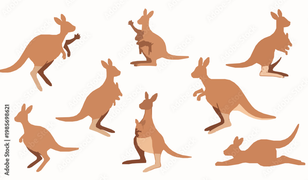 Obraz premium Playful cute kangaroo vector set with joey and funny cartoon poses in dynamic composition isolated on white