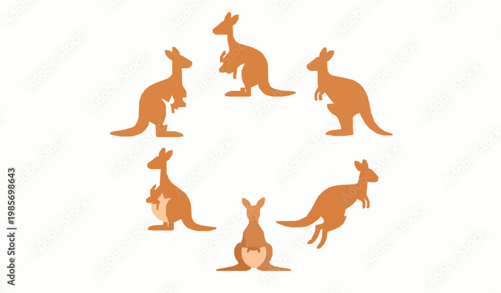 Fototapeta premium Cute kangaroo characters vector in circular layout with joey and happy cartoon poses isolated on white