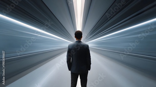 A professional stands facing a brilliantly illuminated linear tunnel symbolizing the start of a journey toward success and new business frontiers