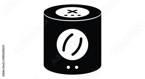 A minimalist black and white illustration of a smart speaker with a circular design a striking silhouette
