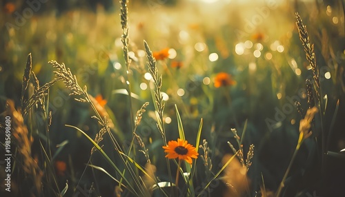 Wildflowers and grasses glowing in warm golden hour light, with soft bokeh and a dreamy meadow atmosphere capturing summer nature and peaceful rural scenery.
