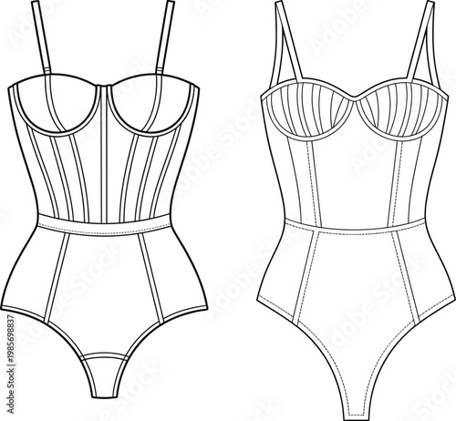 Structured corset bodysuit technical drawing set, front views, underwire cups, panel seam detailing, fitted silhouette lingerie apparel template – vector illustration