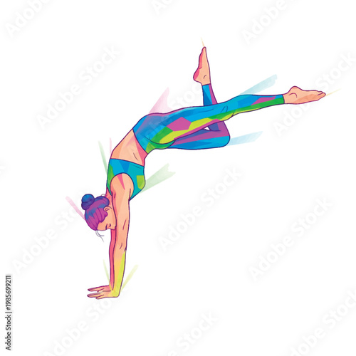 Athletic woman performing a handstand in vibrant, colorful sportswear. Dynamic vector illustration of a gymnast or yoga practitioner showcasing strength, balance, and modern fitness style.