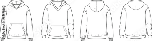 Urban pullover hoodie technical drawing set, front and back views, kangaroo pocket, drawstring hood, casual streetwear template – vector illustration