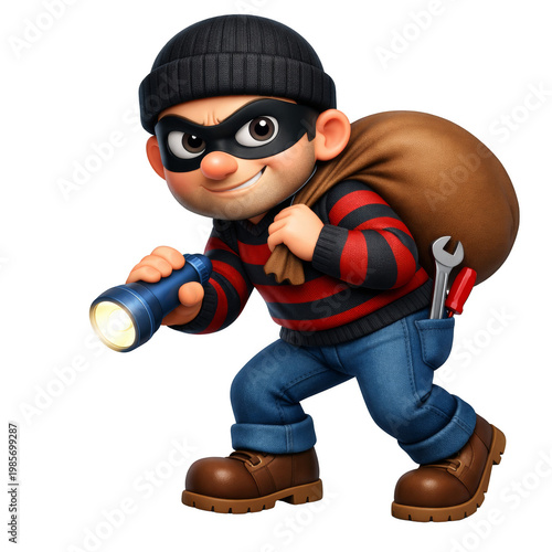 Cartoon burglar with flashlight and tools