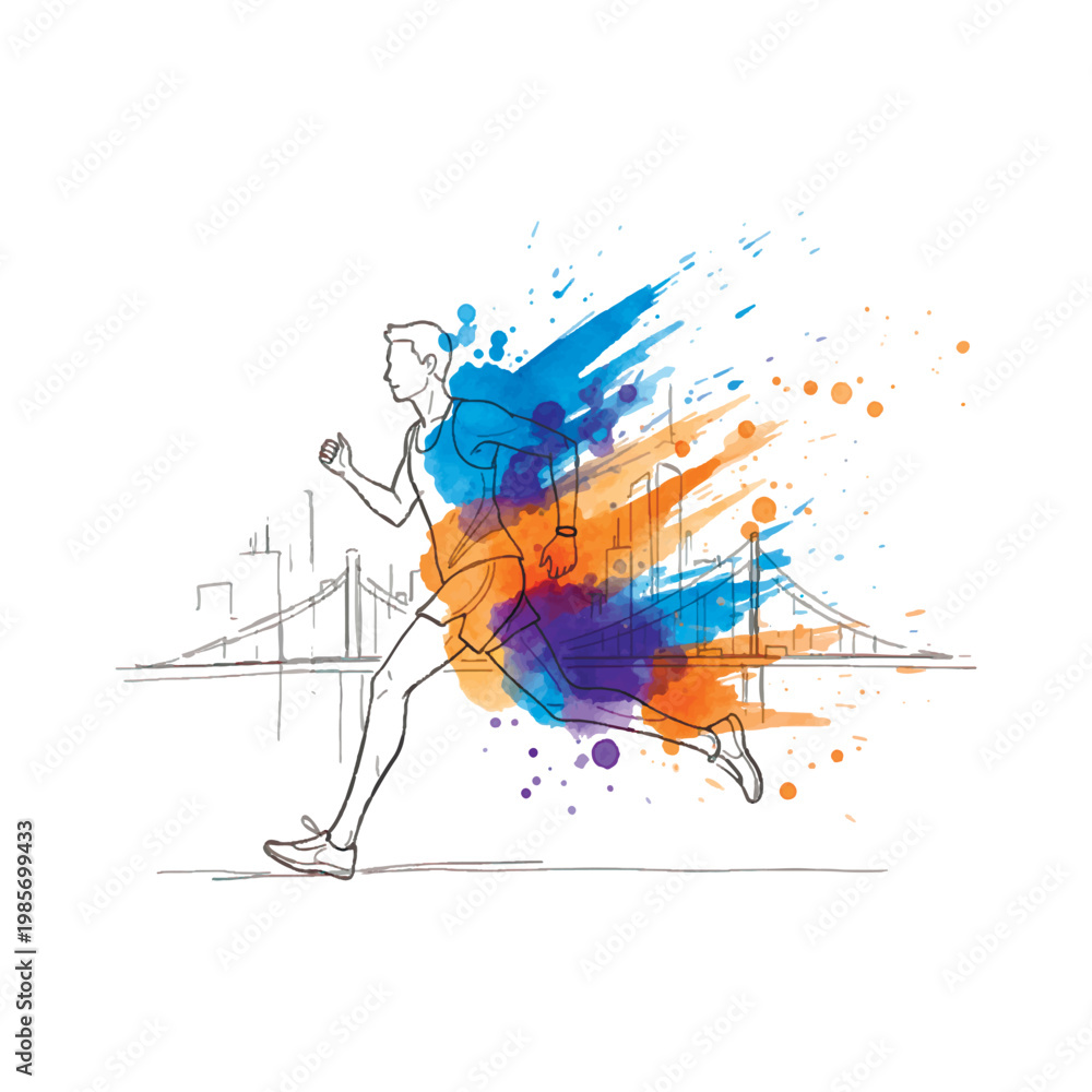 Fototapeta premium Sketch of a man running with vibrant blue and orange watercolor splashes. Artistic urban marathon illustration featuring a bridge and city skyline background. Dynamic energy and motion concept.