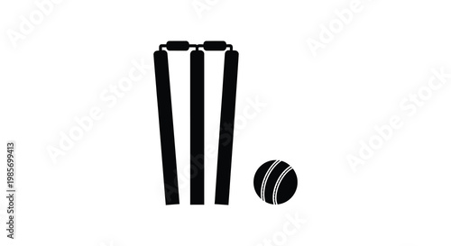 A stark depiction of cricket stumps and a ball presented in a bold graphic silhouette high quality professional