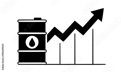 Black silhouette of an oil barrel with a rising bar chart and upward arrow, symbolizing increasing crude oil prices, fuel market growth, and energy sector financial trends.