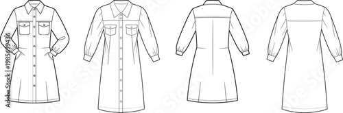 Utility shirt dress technical drawing set, button down design with chest pockets and long sleeves, front and back views – vector illustration