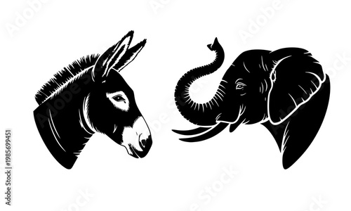  Black silhouette icons of a donkey and elephant head facing each other, representing the Democratic and Republican symbols of American politics and the US two-party political system.