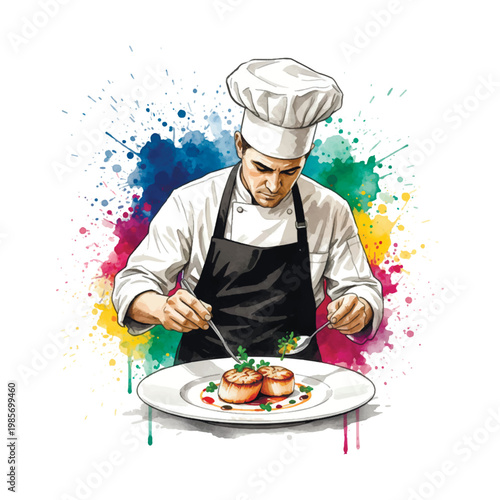 Fotografi Professional chef plating a gourmet meal with colorful watercolor splashes background