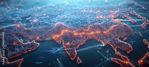 Abstract representation of India in Asia, featuring a conceptual illuminated network of connections.