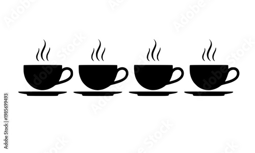  Set of four black silhouette hot coffee or tea cups with steam rising on white background, perfect for café menus, restaurant branding, and beverage graphic design projects.