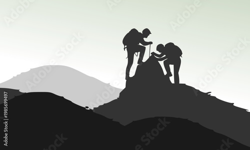 Silhouette of two hikers climbing a mountain together, one helping the other reach the summit, symbolizing teamwork, support, and adventure in nature.