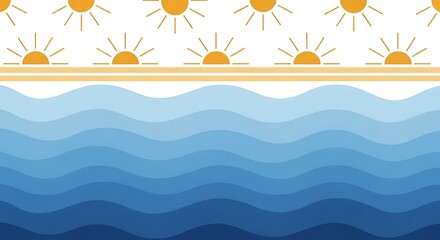 Seamless ocean wave pattern, sunny sky background, blue wavy water texture, abstract summer design