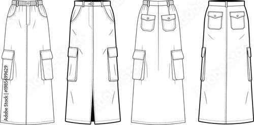 Utility cargo long skirt technical drawing set, high waist design with flap pockets, front and back views – vector illustration
