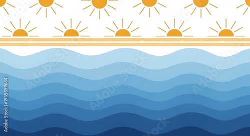 Seamless ocean wave pattern, sunny sky background, blue wavy water texture, abstract summer design