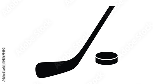 A stark black silhouette depicts a hockey stick and puck against a plain white background silhouette high quality