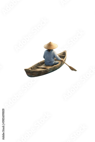 Man in traditional Asian conical hat rowing wooden boat