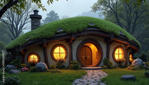 Charming round cottage with grassy roof in a serene forest setting
