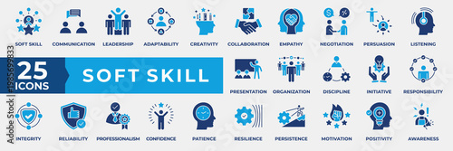 Soft Skill Icon Set. Containing Soft Skill, Communication, Leadership, Adaptability, Creativity, Collaboration, Empathy, Negotiation, Presentation and more. Simple Flat Vector Illustration.