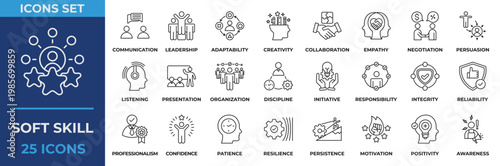 Soft Skill Icon Set. Containing  Communication, Leadership, Adaptability, Creativity, Collaboration, Empathy, Negotiation, Presentation, Professionalism and more. Line Icon Vector Illustration.