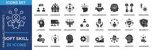 Soft Skill Icon Set. Containing  Communication, Leadership, Adaptability, Creativity, Collaboration, Empathy, Negotiation, Presentation, Professionalism and more. Solid Icon Vector Illustration.