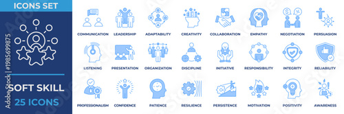 Soft Skill Icon Set. Containing  Communication, Leadership, Adaptability, Creativity, Collaboration, Empathy, Negotiation, Presentation, Professionalism and more. Blue Icon Vector Illustration.
