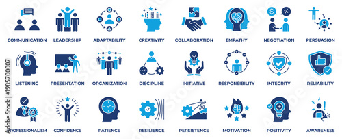 Soft Skill Icon Collection Set. With Icon Soft Skill, Communication, Leadership, Adaptability, Creativity, Collaboration, Empathy, Negotiation, Presentation and more. Solid Style Vector Illustration.