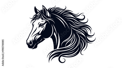 Majestic black and white stylized illustration of a horse head with flowing mane, depicting strength and elegance.