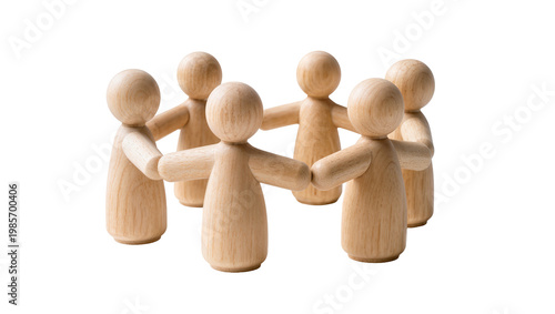 Foto Six wooden peg dolls holding hands in a circle, isolated on transparent backgrou