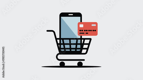 Ecommerce Shopping Cart Icon with Smartphone and Credit Card for Mobile Payment and Online Shopping