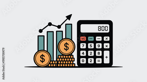 Financial Growth Calculator Icon with Coins and Rising Graph for Investment and Profit Analysis