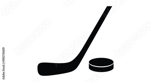 A black silhouette of a hockey stick and puck on a plain white background creating a stark contrast silhouette