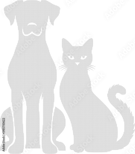Minimalist black silhouettes of a sitting cat and dog, design for pet care service logos, veterinary clinic branding and animal shelter awareness campaigns. Embroidery pattern. Transparent EPS