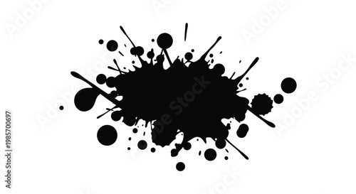 An abstract composition of a black ink splatter against a stark white background creating a dynamic silhouette