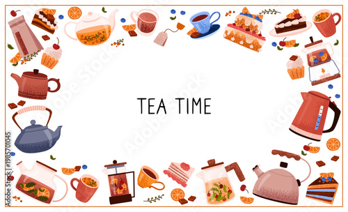Tea time banner with teapots, cakes, cherry, chocolate and orange slices. Decorative border. Cute flat vector illustration of desserts and tea ware, ideal for cafe menus and packaging.