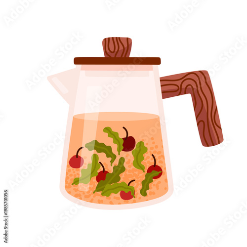 Teapot with aromatic hot herbal tea with green leaves and cherry. Tea time. Traditional drink. Healthy and relaxing tea. Vector illustration isolated on white background.