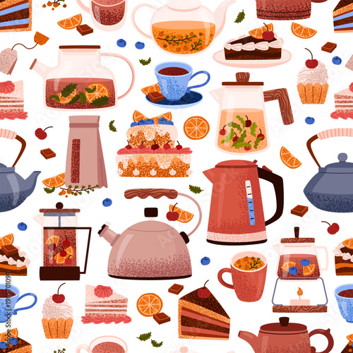 Seamless pattern of aromatic hot black and herbal teas with berries. Tea party. Cup, mug, a slice of chocolate cake with orange. Traditional drink. Healthy and relaxing tea. Vector illustration.