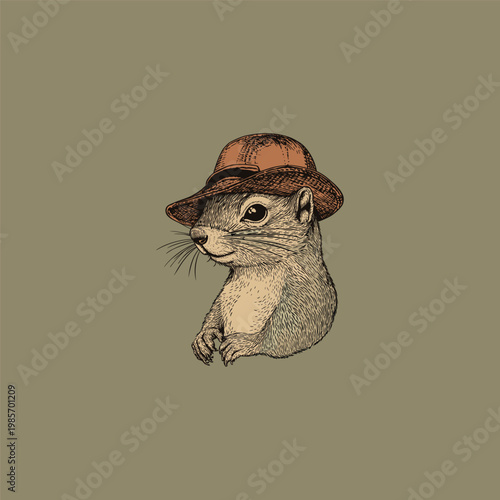 Vintage hand-drawn illustration of a cute squirrel wearing a classic hat