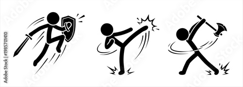 Dynamic Stick Figure Combat Actions Set Warrior, Kick, and Axe Attack Illustrations